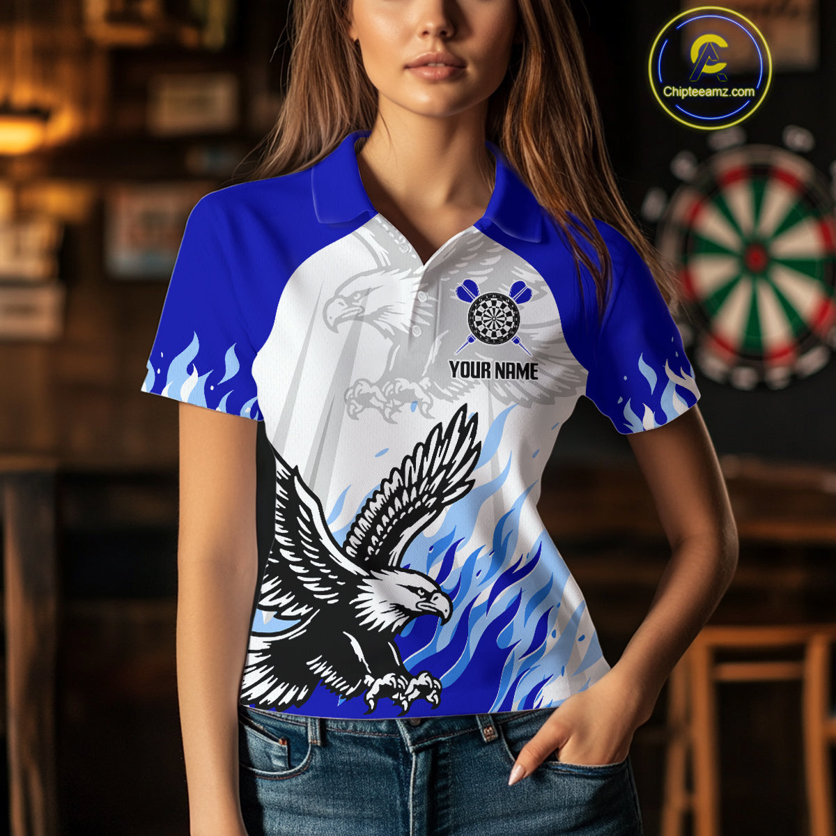 Women's Custom Darts Shirt - Eagle With Wings Dart Arrow & Blue Flaming Pattern NYN0332