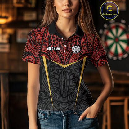 Personalized Red Black Tribal Pattern Darts Polo & 1/4 Zip Custom Dart Shirt For Women, Dart Jerseys TDM4141