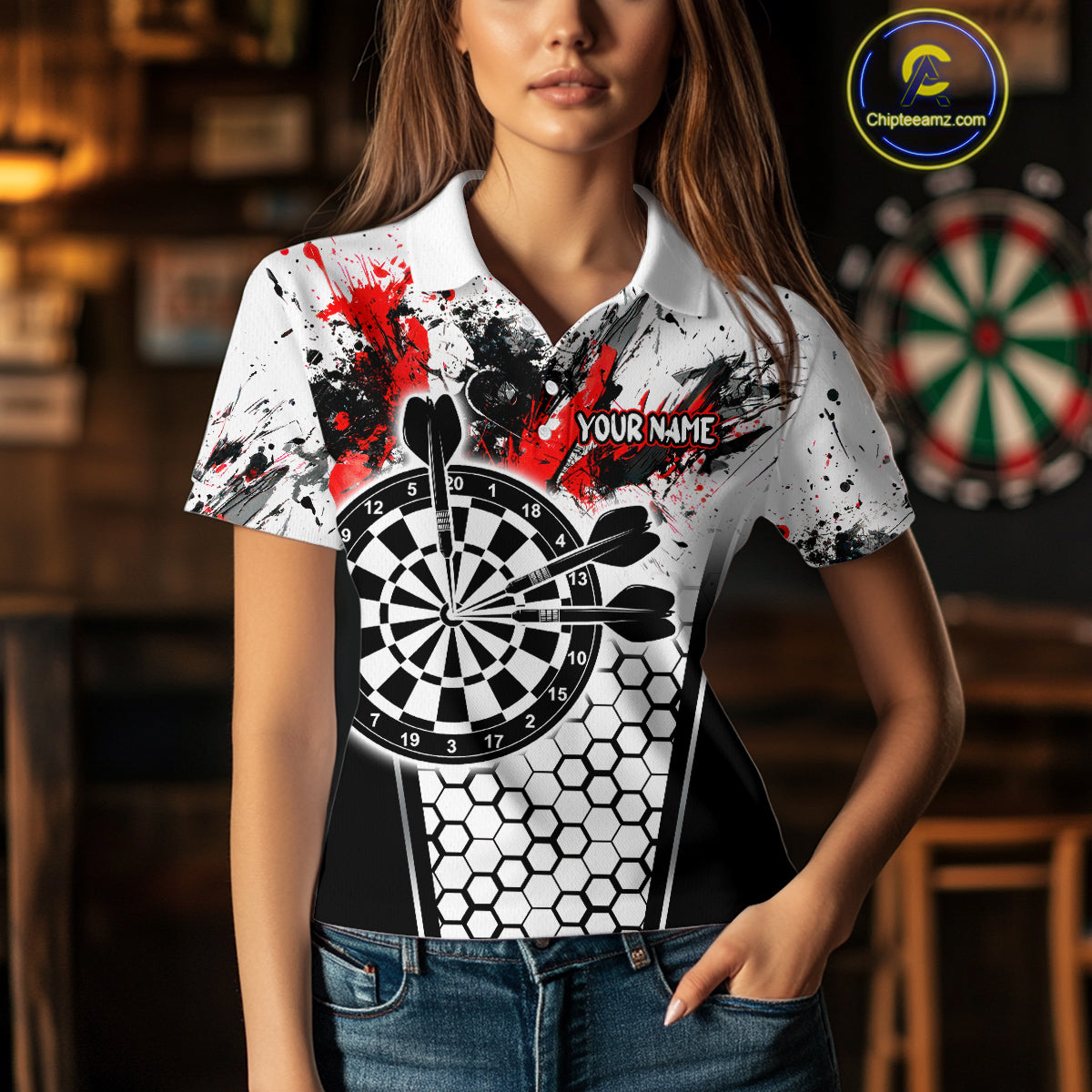Dartboard Halftone Hexagon Grunge Darts Shirt For Women - Personalized Name For Players NYN0681