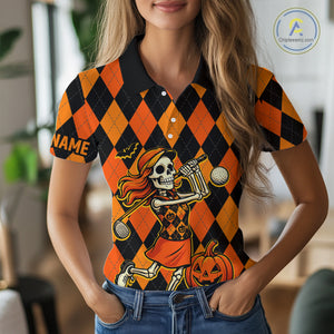 Funny Women golf polo shirt custom orange and black argyle plaid Halloween Skull ladies golf attire NQS10355