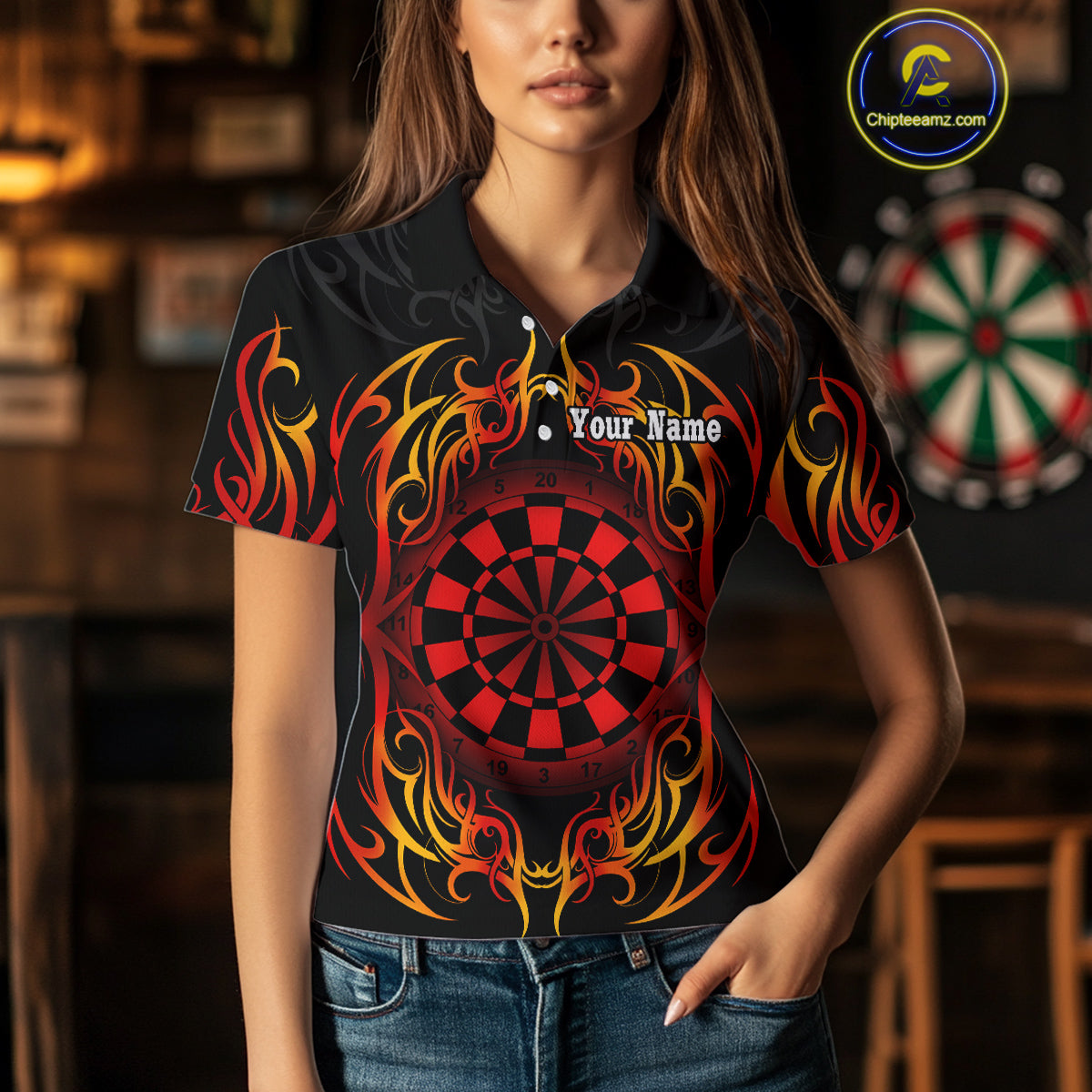 Women's Custom Darts Shirt With Roses Skull Polynesian Pattern And Red Dartboard NYN0254