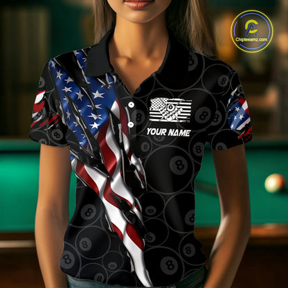 American Flag Scratch Billiard Shirt For Women, Custom 8 Ball Pool Team Jersey Polo & 1/4 Zip TDM4030