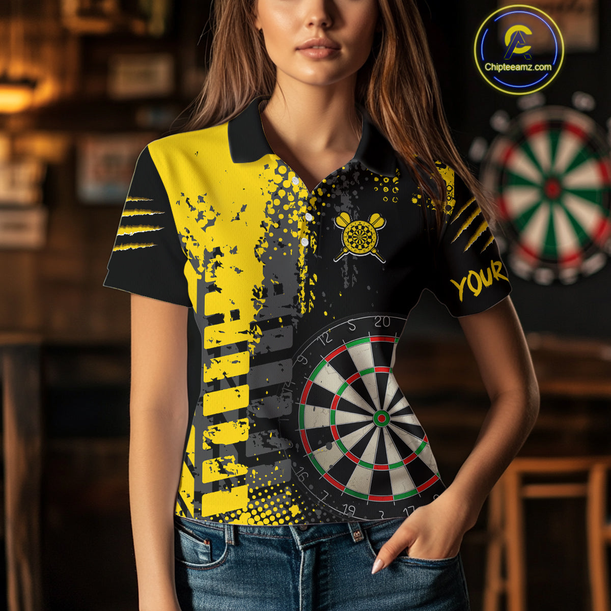 Women's Custom Darts Shirt With Fierce Tiger And Yellow Grunge Splatter NYN0258