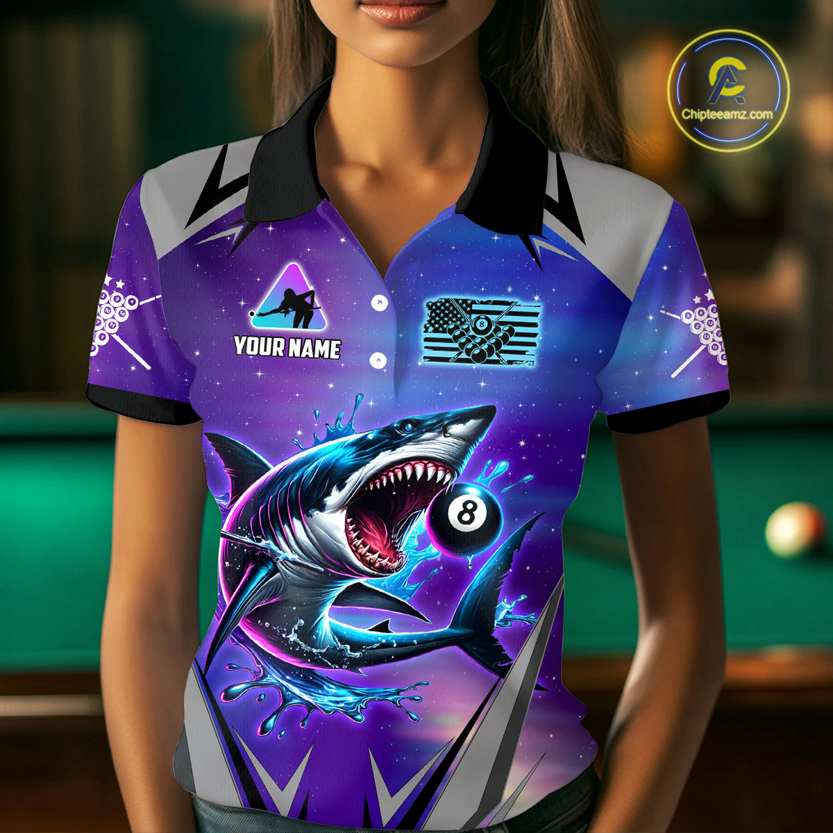Personalized Shark 8 Ball Pool Billiard Shirt For Women Custom Purple Blue Billiard Team Jersey TDM4367