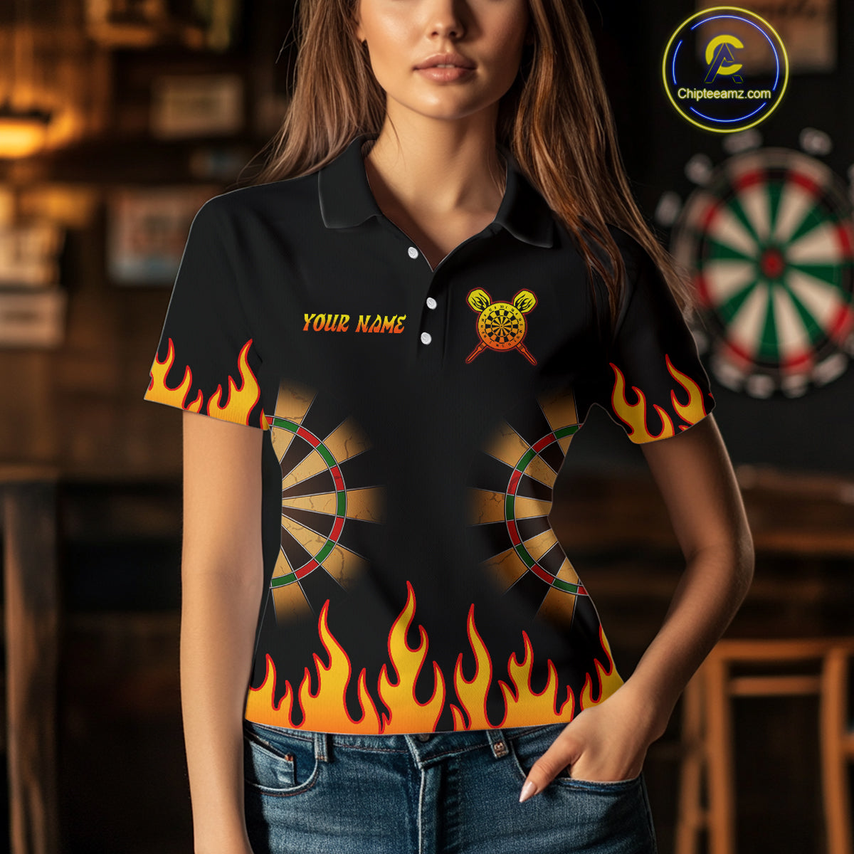 Women's Personalized Darts Shirt With Black Flame Pattern And Fiery Dartboard NYN0265