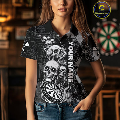 Black Grey Grunge Argyle Skull Dart Shirts Custom Women's Dart Jerseys Team Polo & Quarter Zip TDM3836