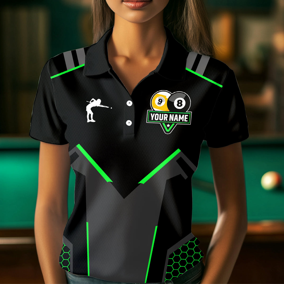 Personalized Billiard 8 Ball & 9 Ball Pool Polo, 1/4 Zip For Women Custom Team Billiard Jersey |Green TDM3581
