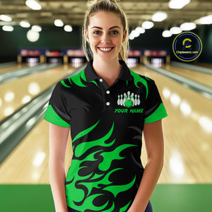 Black and Green Flame Bowling shirts for Women Custom team bowling jerseys, ladies bowling apparel NQS10268