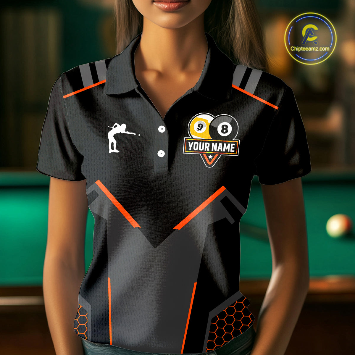 Personalized 8&9 Ball Pool Billiard Polo, 1/4 Zip For Women Custom Team Billiard Jersey|Orange TDM4049