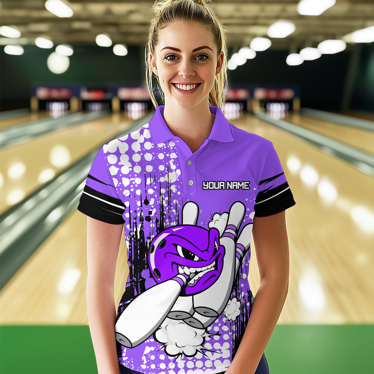 Personalized Purple Funny Crazy Bowling Shirt for Women Polo & Quarter-Zip Bowling Jersey with Team HNT03