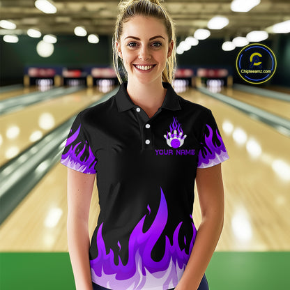 Custom Purple Flame Bowling Shirts for Women Polo & Quarter-Zip Bowling Team Jerseys HNT82