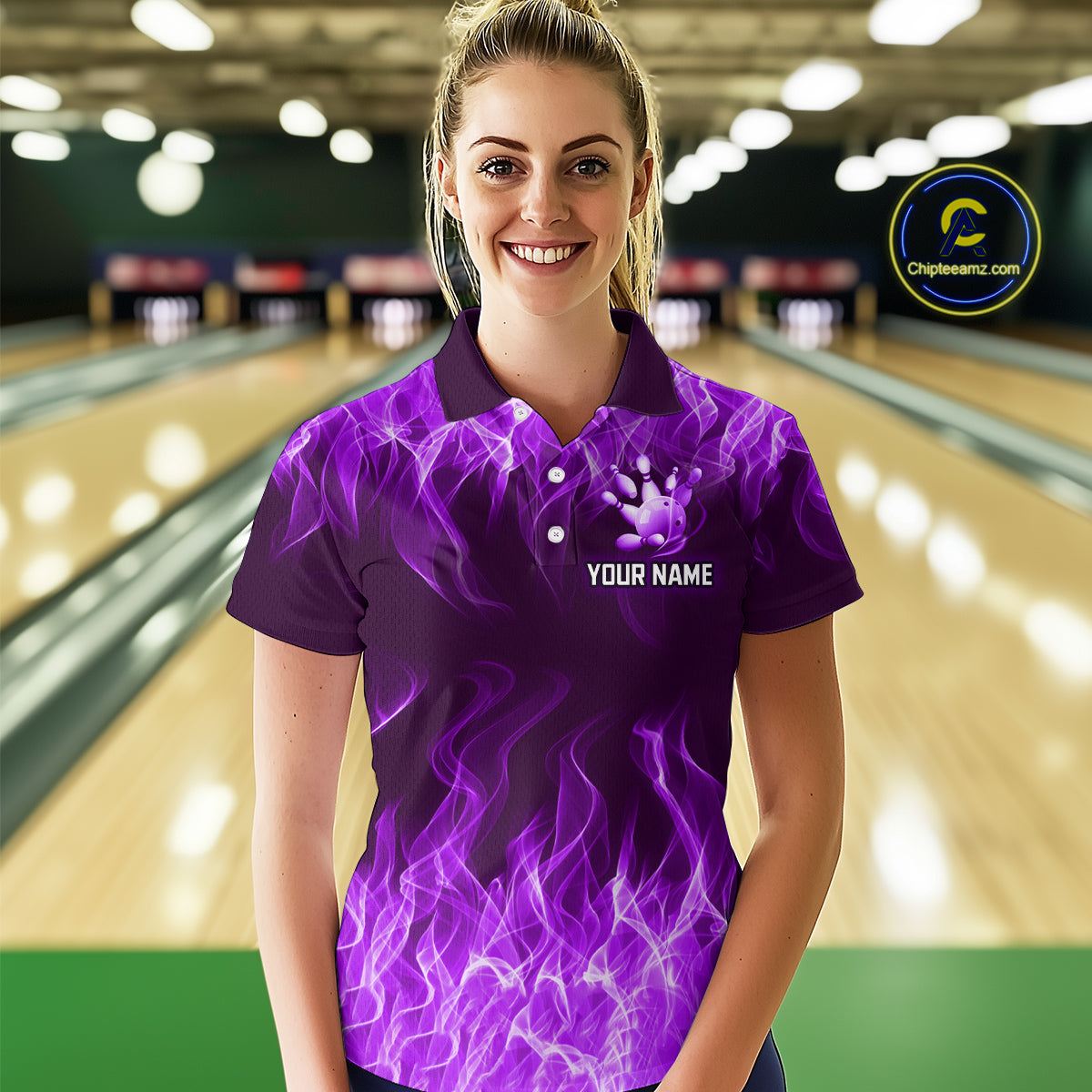 Custom Purple Flame Bowling Jersey for Women Polo & 1/4 Zip Bowling Team Shirts Bowling League HNT150
