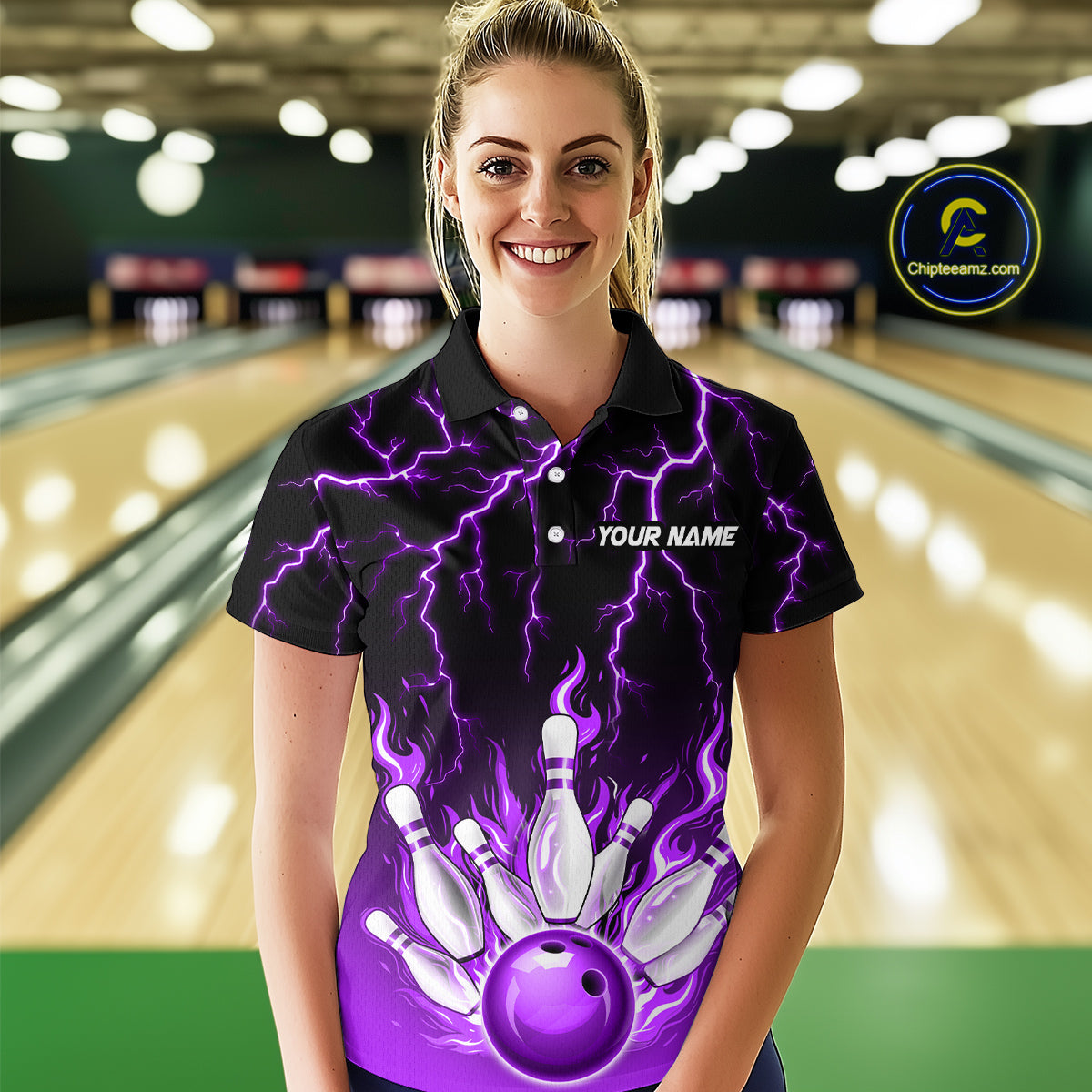 Purple Thunder Bowling Custom Women Bowling Shirt Polo & Quarter-Zip Bowling Team Shirts HNT71
