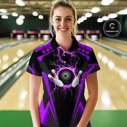 Black Women bowling Polo, 1/4 Zip shirt Custom lightning thunder team league bowling jersey | Purple NQS10375