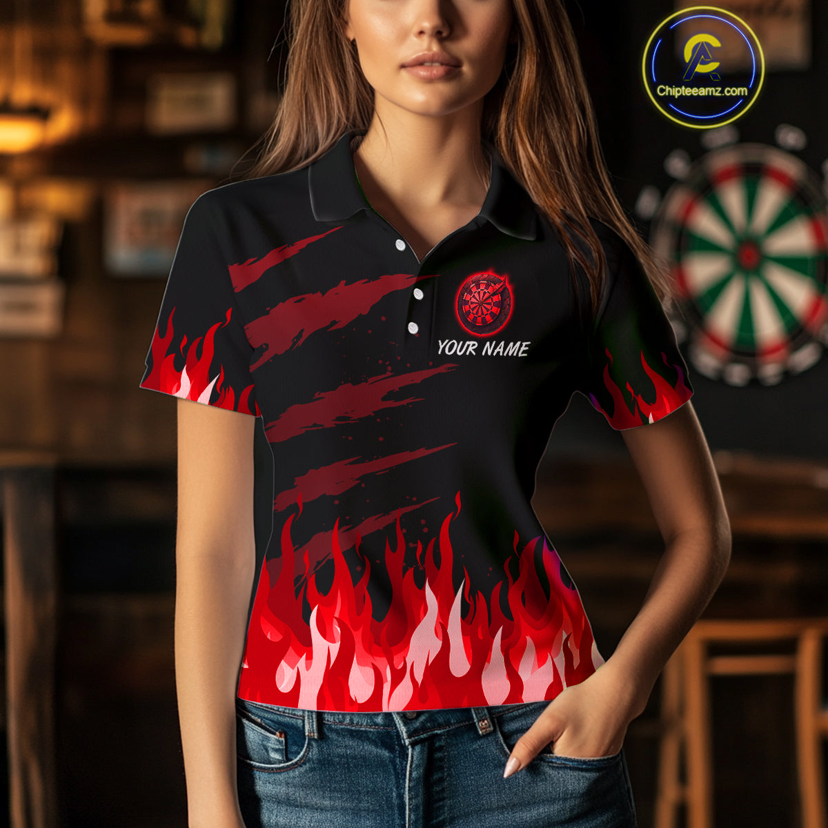 Women's Custom Darts Team Shirt With Maroon Phoenix Dartboard And Flame Pattern NYN0342