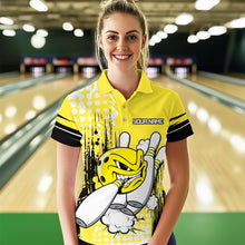 Load image into Gallery viewer, Personalized Yellow Funny Crazy Bowling Shirt for Women Polo &amp; Quarter-Zip Bowling Jersey with Team HNT03