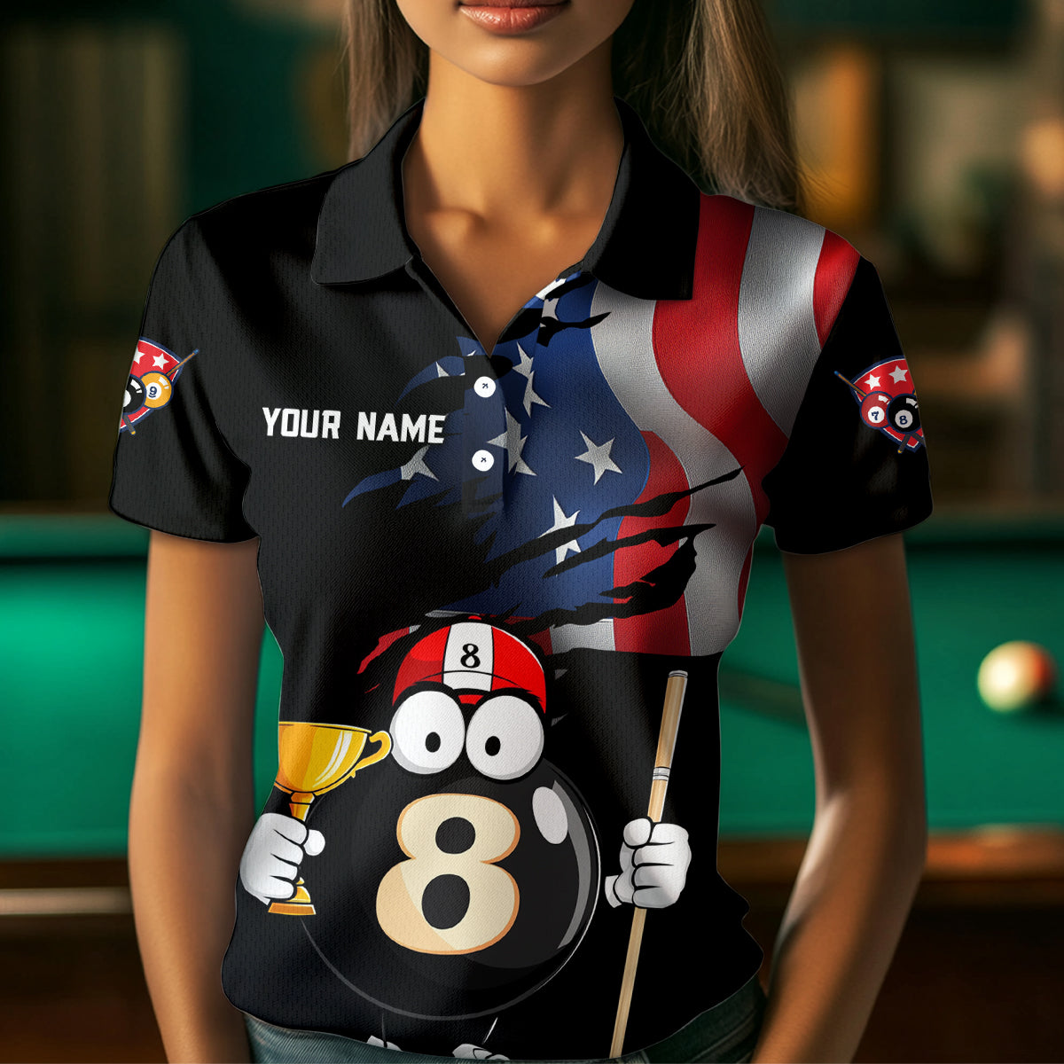 US Flag Funny 8 Ball Billiard Jersey Women Billiard Shirt for Men Team Polo & 1/4 Zip NNT12