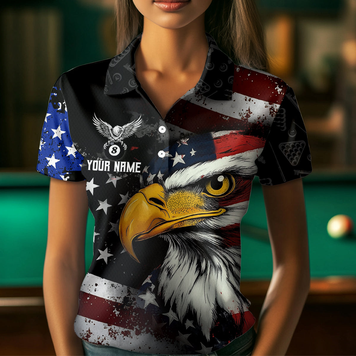American Flag Billiard Shirt Funny Eagle Billiard Jersey Billiard for Women Polo & 1/4 Zip Shirt NNT06