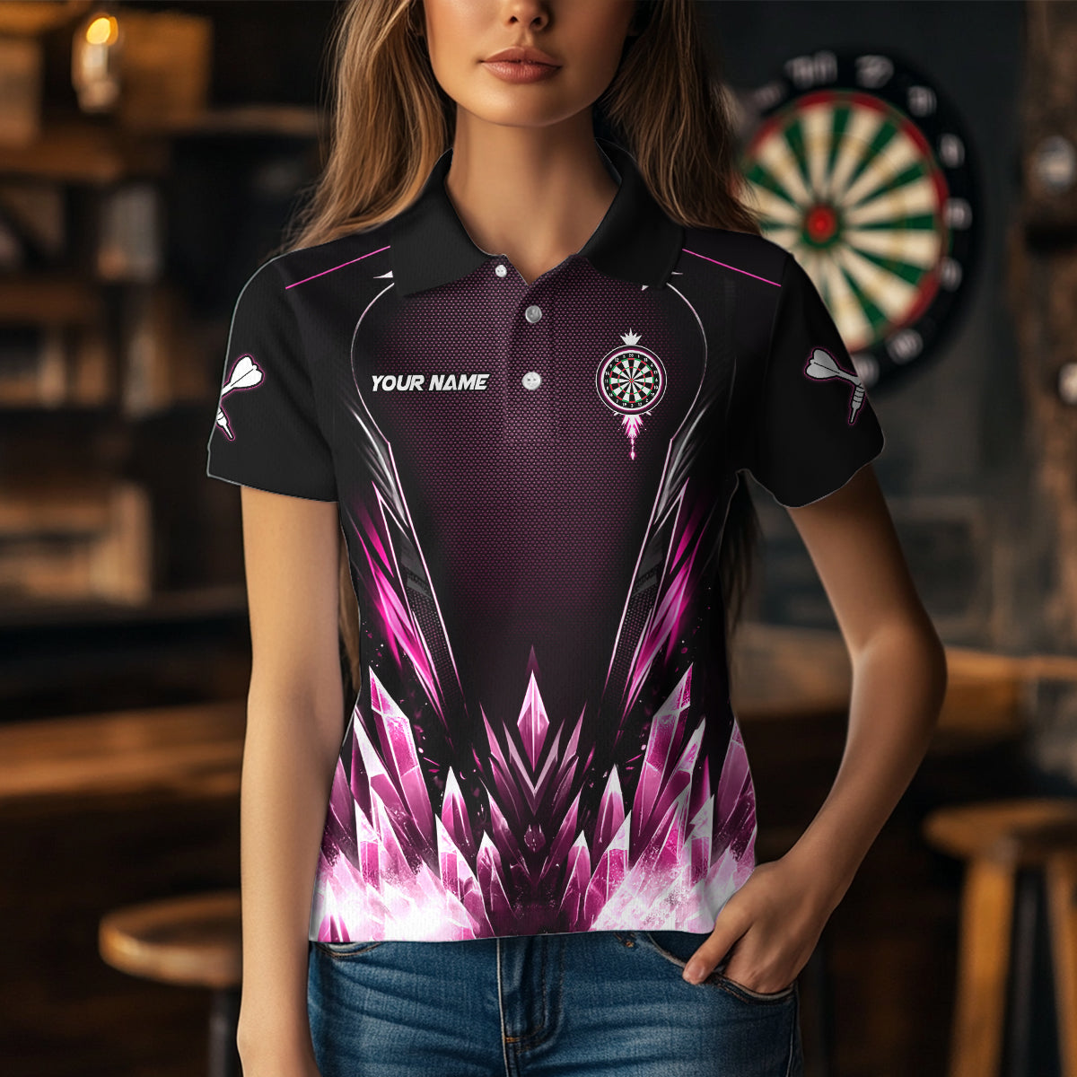 Personalized Pink Icy Dartboard Custom Darts Polo & Quarter Zip For Women, Team Dart Jerseys Outfit TDM3672