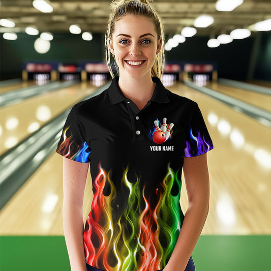 Rainbow Flame Bowling Jersey For Women Personalized Bowling Team Shirts Bowling Polo Shirt BDT324