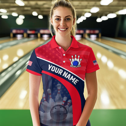 Personalized US Flag Bowling Jersey for Women Bowling Gifts Bowling Team Jersey with Name Polo & 1/4 Zip HNT28