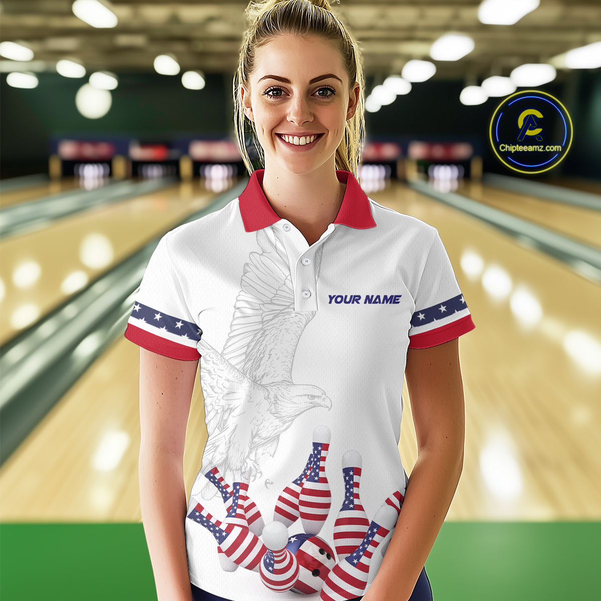 Custom Eagle US Flag Bowling Women Bowling Shirt Polo & Quarter-Zip Bowling Team Jerseys HNT76