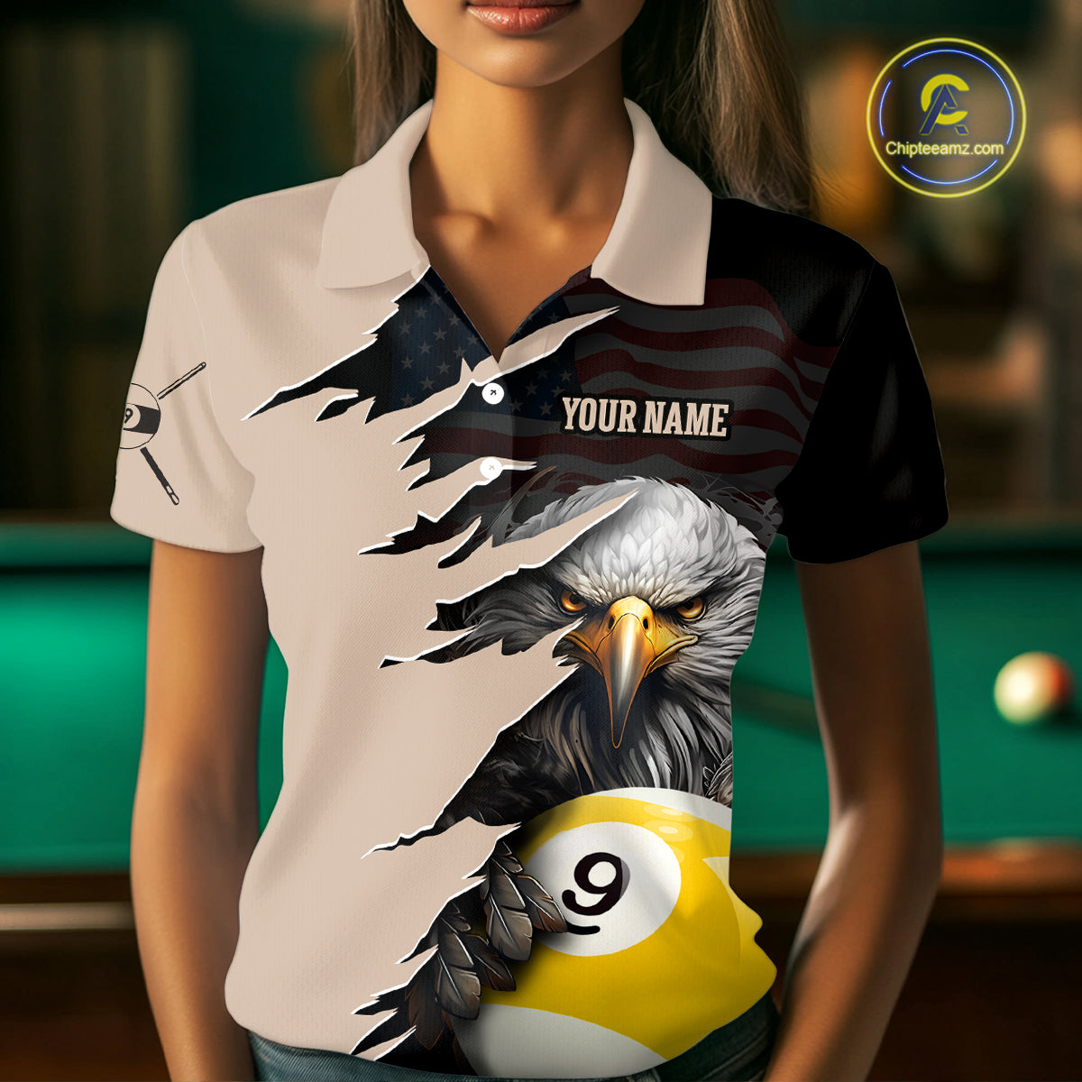 Personalized 9 Ball American Flag Eagle Billiard Shirts for Women Billiard Team Shirts NNT69