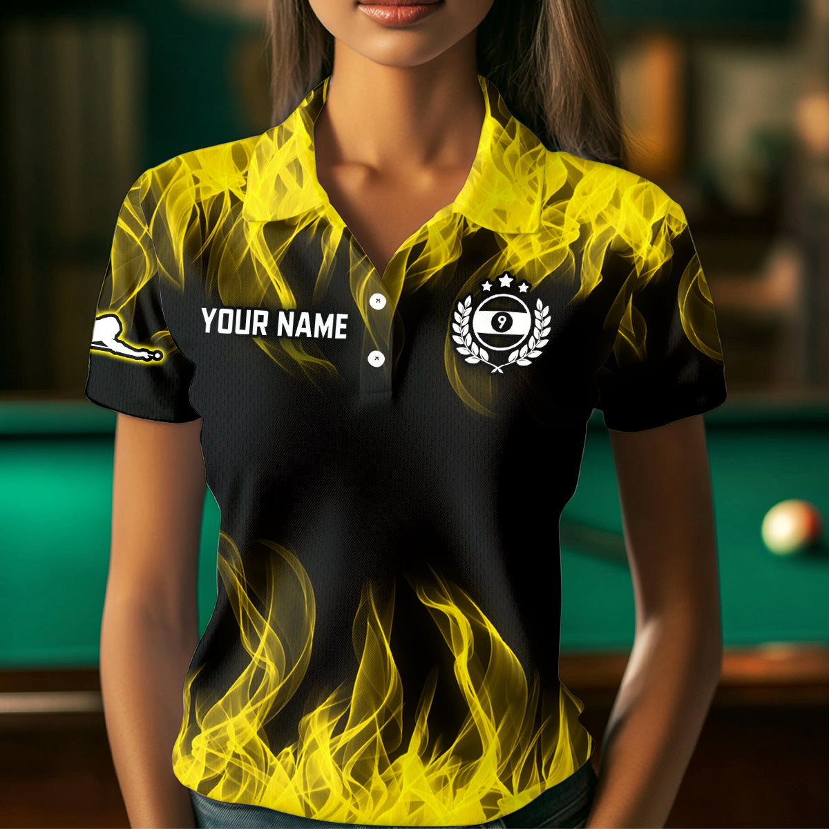 Personalized Yellow Flaming Billiard Jerseys 9 Ball Pool Billiard Shirts for Women Team Polo & 1/4 Zip Shirt NNT32