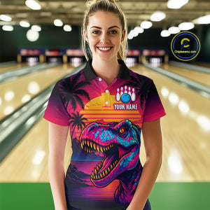 Custom Neon Dinosaur Bowling Women Bowling Shirt Polo & Quarter-Zip Bowling Team Jerseys HNT78