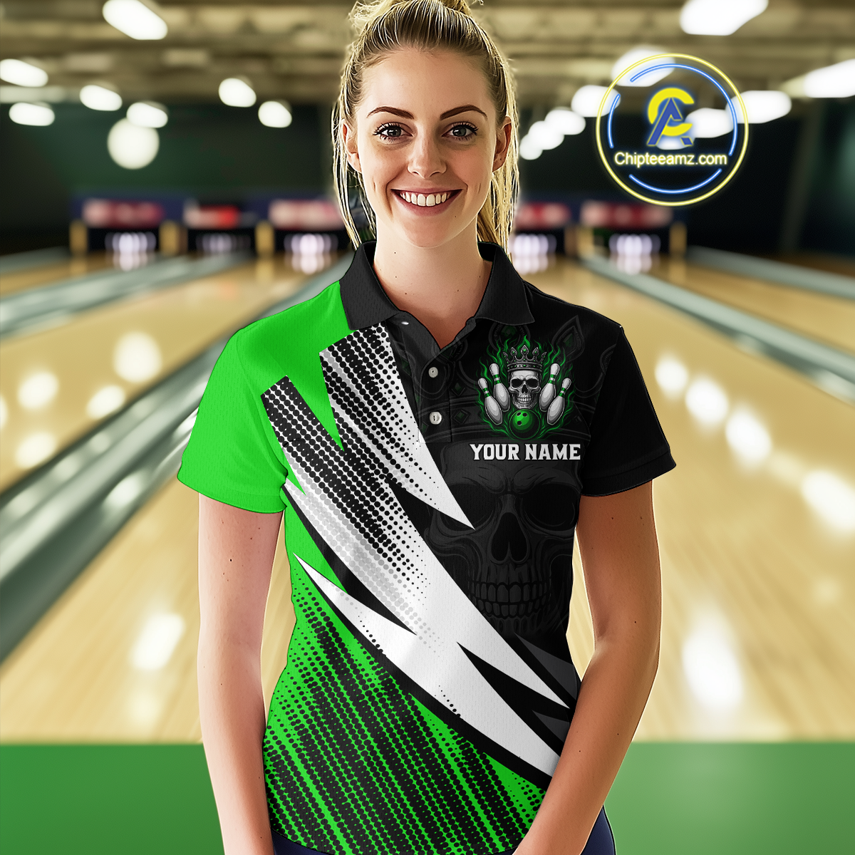 Green Skull Crown Bowling Custom Women Bowling Shirt Polo & Quarter-Zip Bowling Team Jerseys HNT65