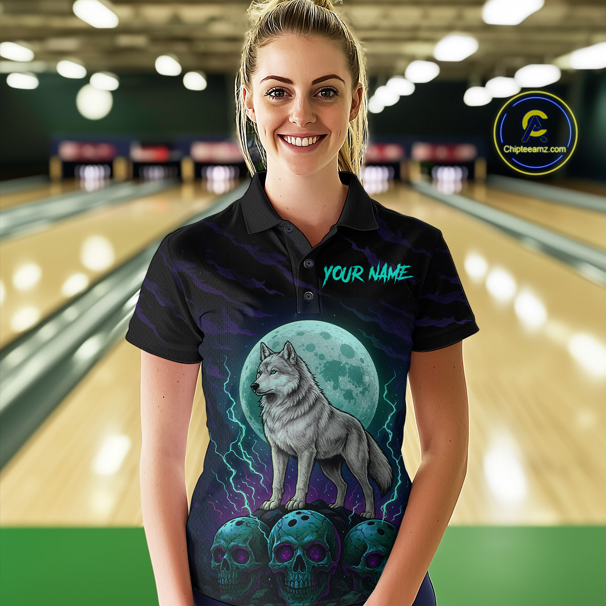 Teal And Purple Wolf & Skull Bowling Team Shirt for Women Custom Bowling League Jersey Bowling Unisex QZT750