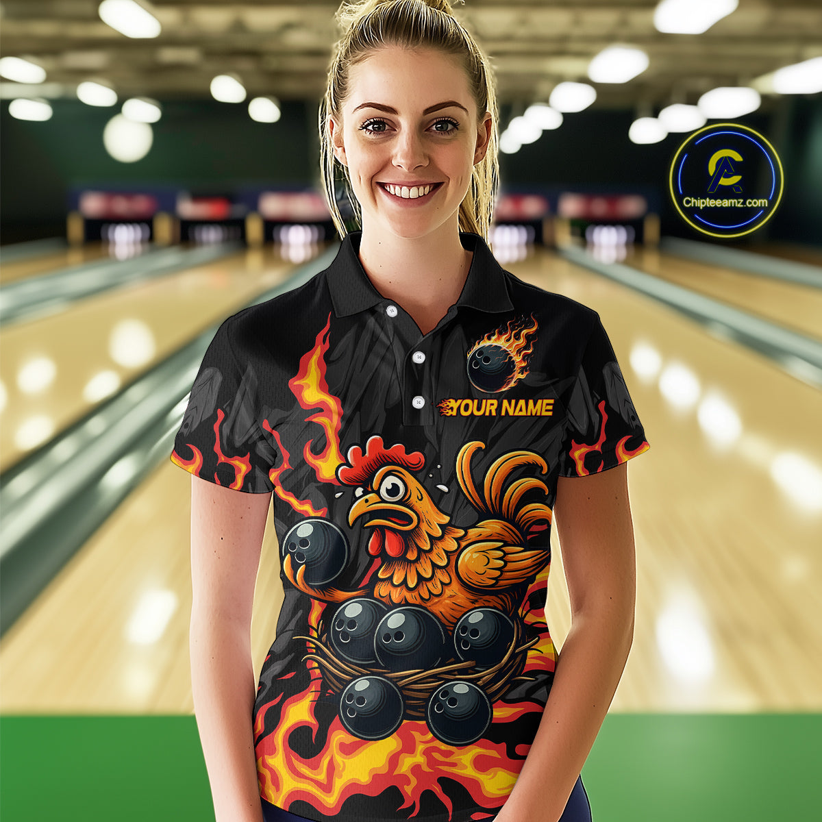 Personalized Chicken Bowling Shirt Orange Flame Bowling Team League for Women Bowling Jersey QZT706