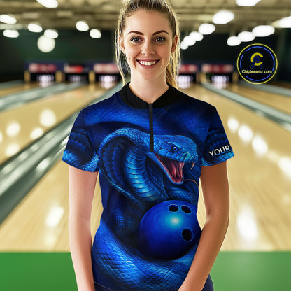 Custom 3D Blue Cobra Snake Bowling Team Shirt Bowling Jersey Outfit for Women Polo & Quarter-Zip QZT723