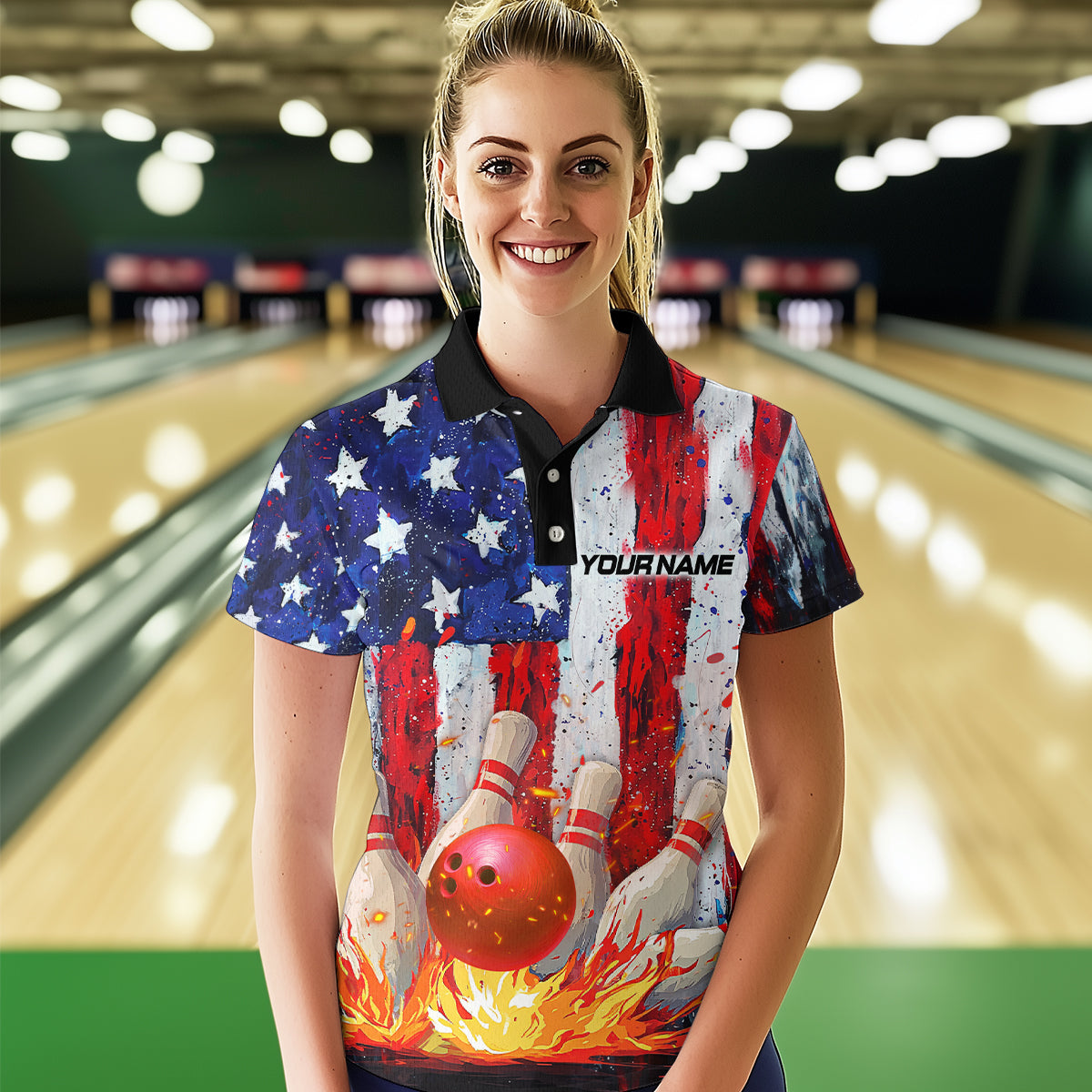 Fire American Flag Bowling Shirt Patriotic Bowling Jersey Men Women Team Polo&1/4 Zip MBL65