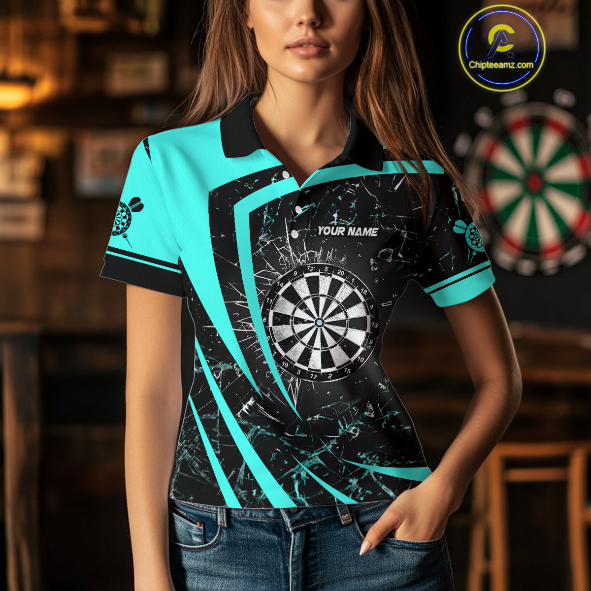 Personalized Turquoise Break Glass Dart Shirts For Women Custom Funny Dart Jerseys Polo & 1/4 Zip TDM3876