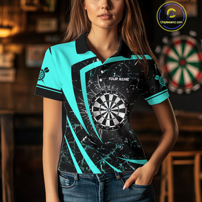 Personalized Turquoise Break Glass Dart Shirts For Women Custom Funny Dart Jerseys Polo & 1/4 Zip TDM3876
