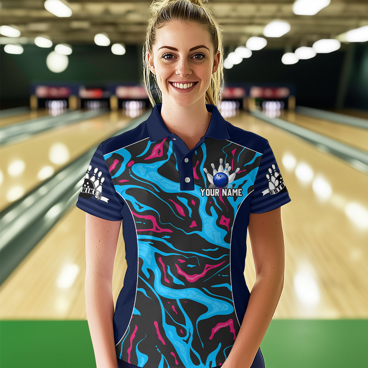 Custom Camo Pink & Teal Bowling Jersey Bowling Team League Polo Shirt for Men Women QZT665