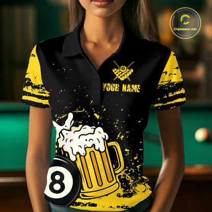 Custom Black and Yellow 8 Ball Beer Billiard Shirts for Women, Billiard Team Polo & 1/4 Zip Shirts NNT68