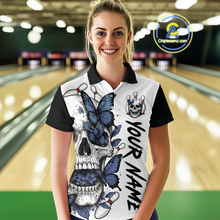 Load image into Gallery viewer, Blue Butterfly Skull Bowling Women Bowling Shirt Polo &amp; Quarter-Zip Bowling Team Jerseys HNT80