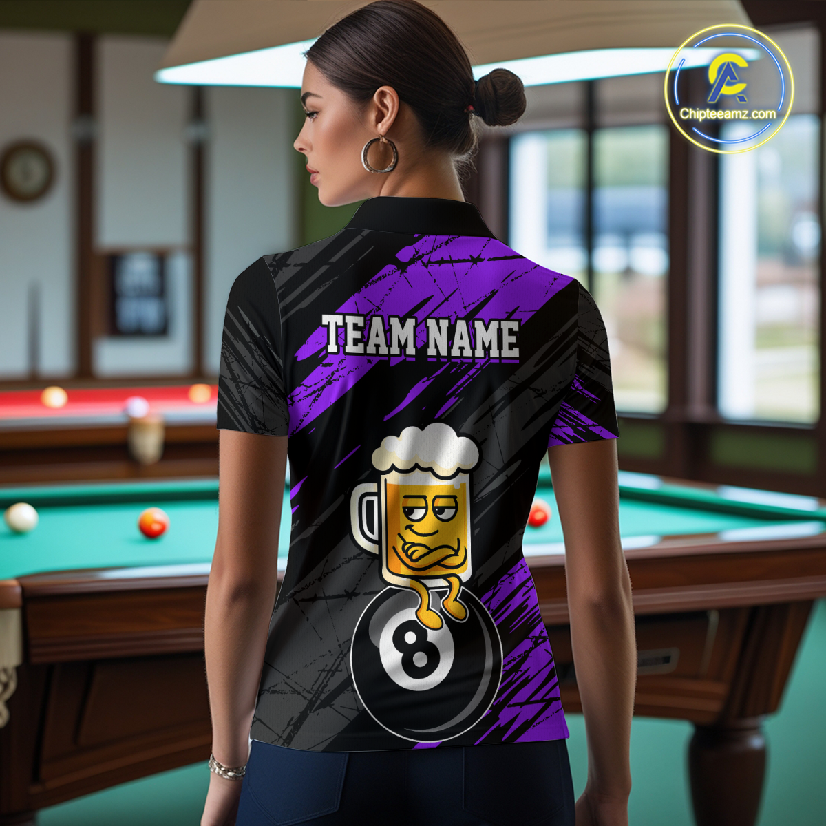 Custom Purple Funny Beer 8 Ball Billiard Shirts for Men Billiard Team Shirts Polo & 1/4 Zip NNT78