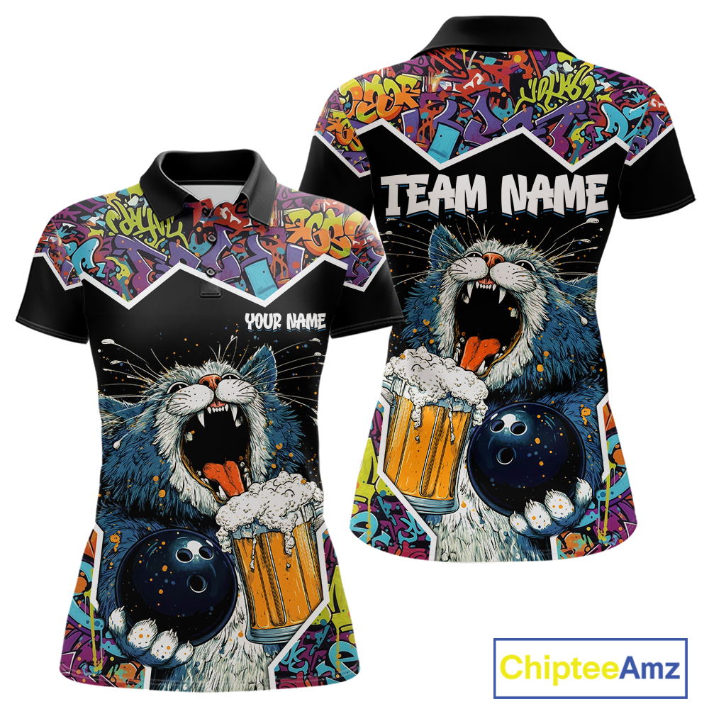 Custom Funny Cat Beer Bowling Jersey for Women Polo & 1/4 Zip Bowling Team Shirts HNT146