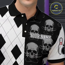 Load image into Gallery viewer, Black &amp; White Bowling Shirt Custom Skull Polo Bowling Jersey Gift for Bowlers QZT693