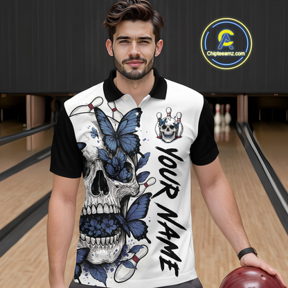 Blue Butterfly Skull Bowling Men Bowling Shirt Polo & Quarter-Zip Bowling Team Jerseys HNT80