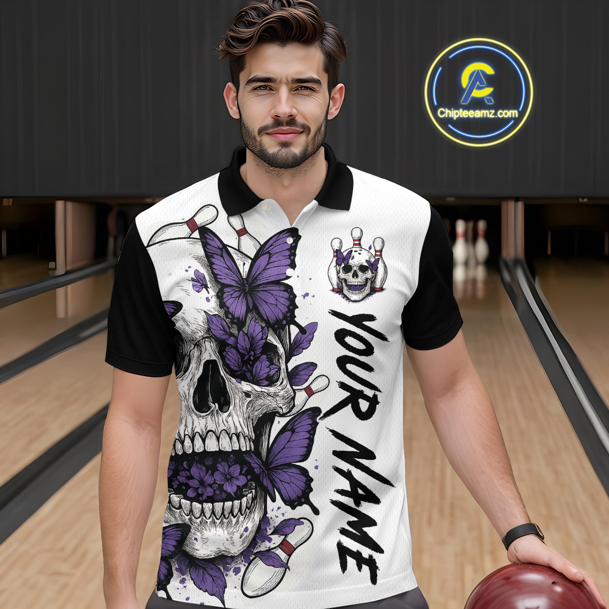 Purple Butterfly Skull Bowling Men Bowling Shirt Polo & Quarter-Zip Bowling Team Jerseys HNT80