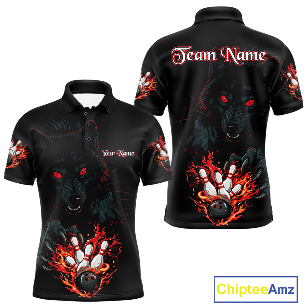 Custom Flame Wolf  Bowling Jersey for Men Bowling Uniform Polo & 1/4 Zip Bowling Team Shirts HNT144