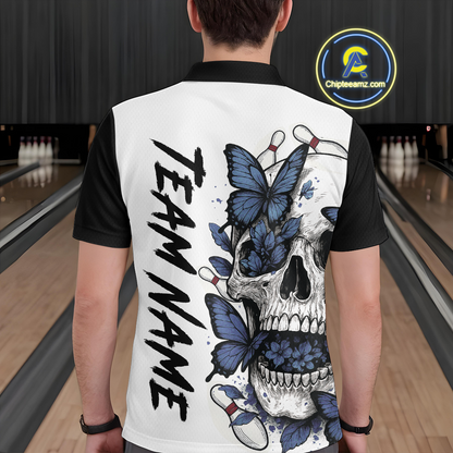 Blue Butterfly Skull Bowling Men Bowling Shirt Polo & Quarter-Zip Bowling Team Jerseys HNT80