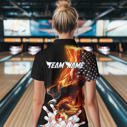 Personalized Flaming US Flag Eagle Bowling Shirt Bowling Jersey for Women Team Polo & 1/4 Zip HNT38