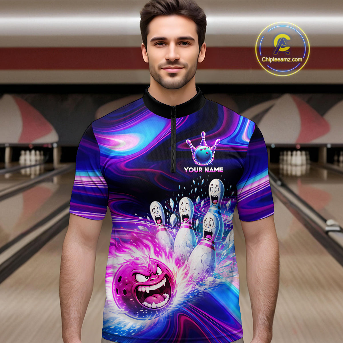 Custom Purple Blue Crazy Bowling Shirt for Men Polo & 1/4-Zip Bowling League Outfit QZT831