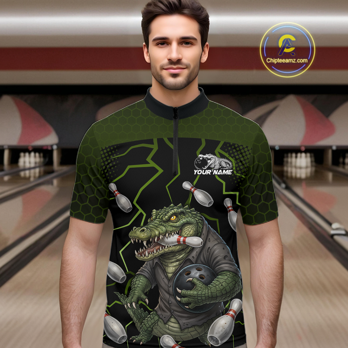 Custom Alligator Bowling Team Shirts Bowling Jersey for Men Bowling Outfit Polo & 1/4 Zip HNT548