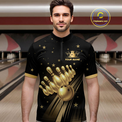 Custom Black and Gold Bowling Jersey for Men Bowling Team Shirts Bowling Uniform Polo & 1/4 Zip HNT176